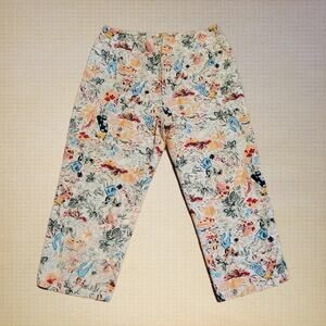 Impressionist Sketch Art Floral Print Wide-Leg Ankle Pants Stretchy Woman's M